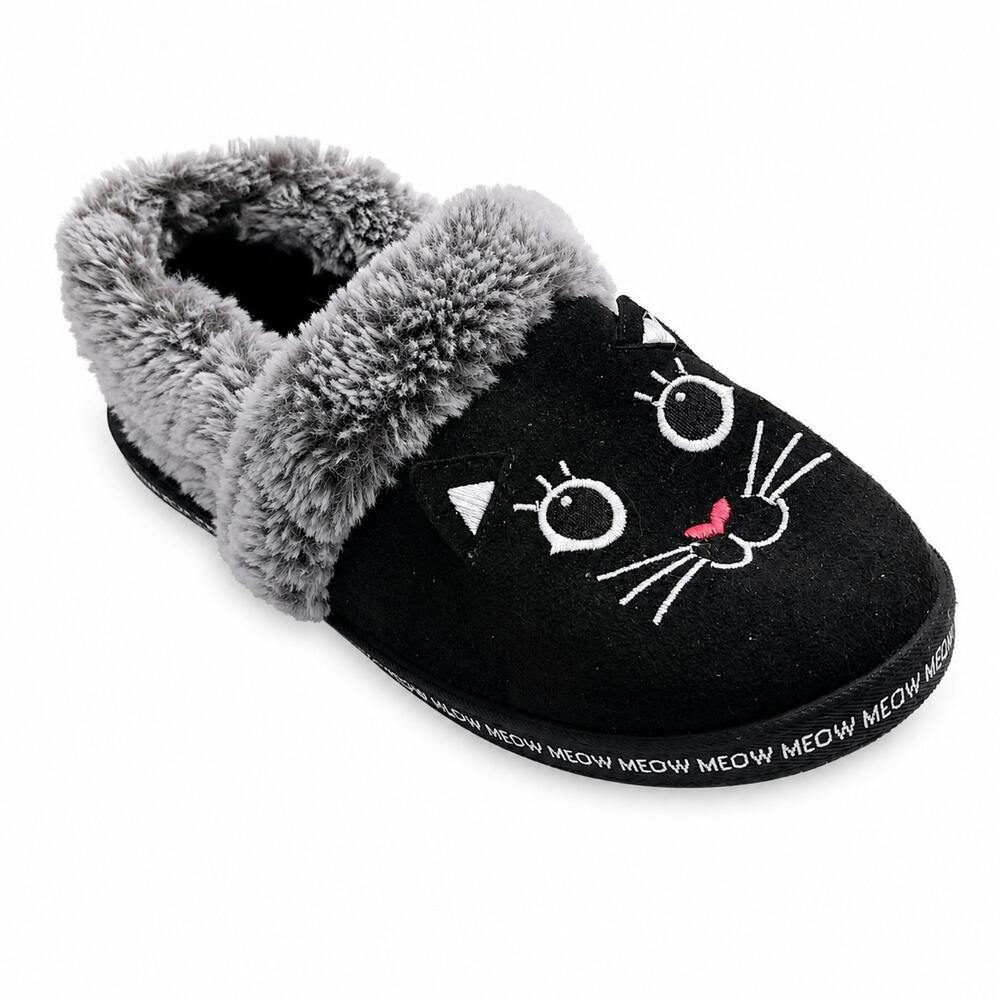 Bobs Skechers Womens 9.5 Meow Slip On Slippers Black Faux Fur Lined Cat Loafers